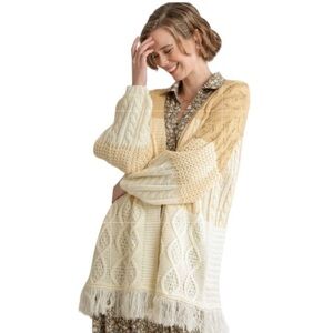 Umgee Patchwork Knitted Open Front Cardigan Sweater With Frayed Hem Yellow Sz L